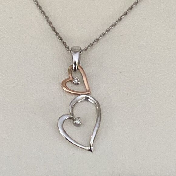 Ben Moss 10K White & Rose Gold & Diamonds Two Hearts Necklace Minimalist - Picture 5 of 10